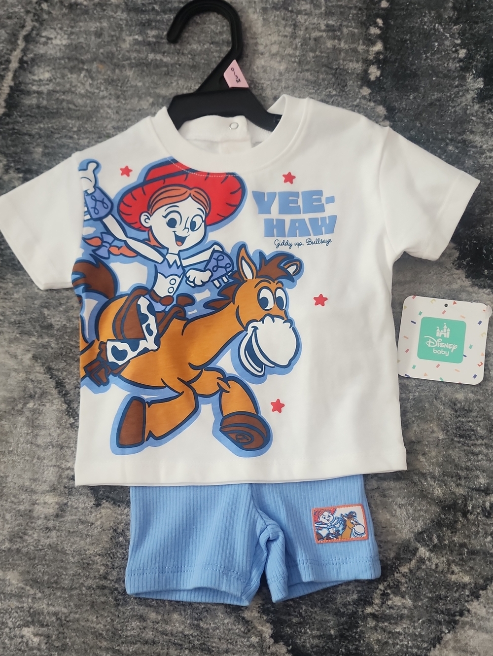 Disney White Tee & Light Blue Shorts Jessie and Bullseye - Size 0-3M